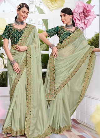 Organza Green Embroidered Classic Saree