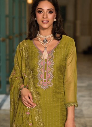 Organza Green Embroidered Pant Style Suit