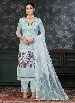 Organza Handwork Salwar Suit in Aqua Blue