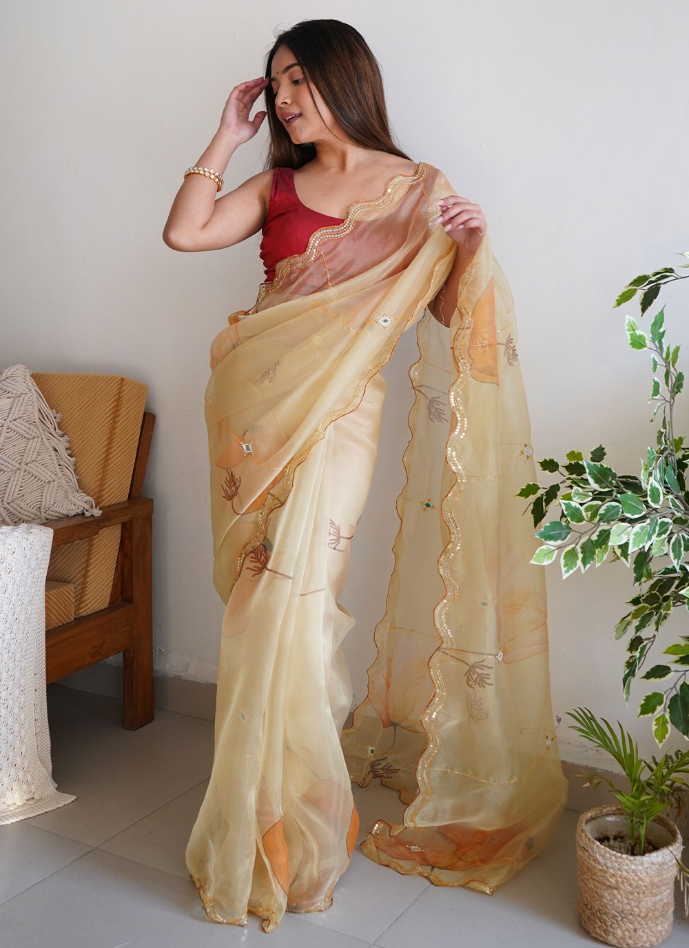 Exclusive Wine Organza Silk Embroidery & Sequence Work Saree