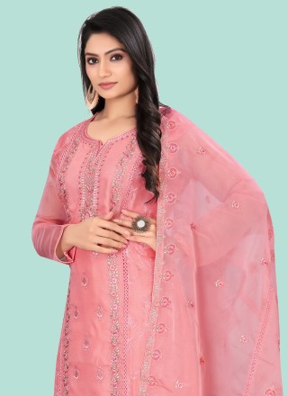 Organza Thread Work Straight Salwar Kameez in Pink