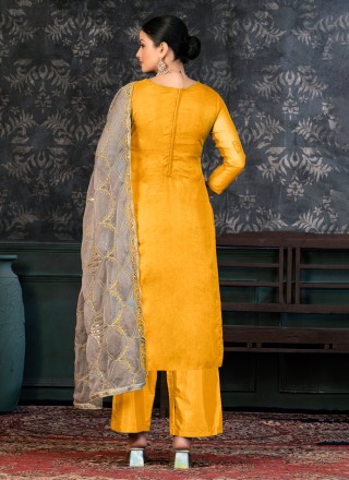 Organza Yellow Handwork Trendy Salwar Suit