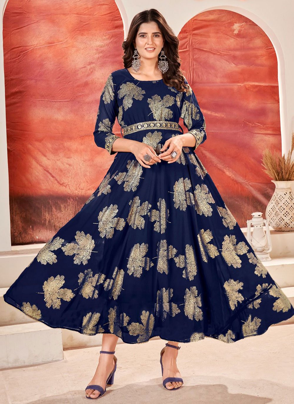 Orphic Blue Faux Georgette Indian Gown with Foil Print Work Buy Online Gown