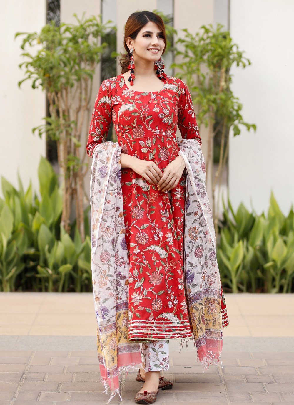 Pant Style Suit Digital Print Cotton in Red
