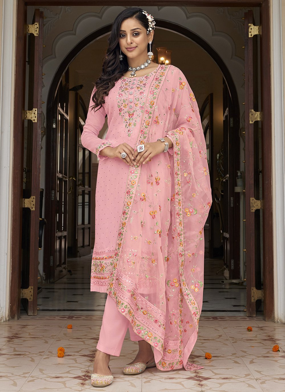 Pant Style Suit Embroidered Faux Georgette in Pink