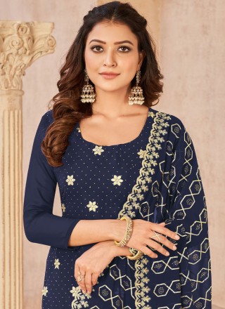 Pant Style Suit Embroidered Georgette in Blue