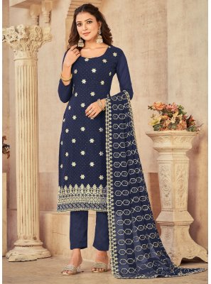 Pant Style Suit Embroidered Georgette in Blue
