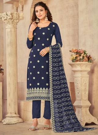 Pant Style Suit Embroidered Georgette in Blue