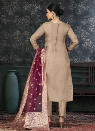 Pant Style Suit Embroidered Organza in Brown