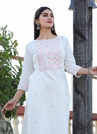 Party Wear Kurti Embroidered Cotton in White