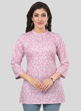 Party Wear Kurti Printed Faux Crepe in Rose Pink