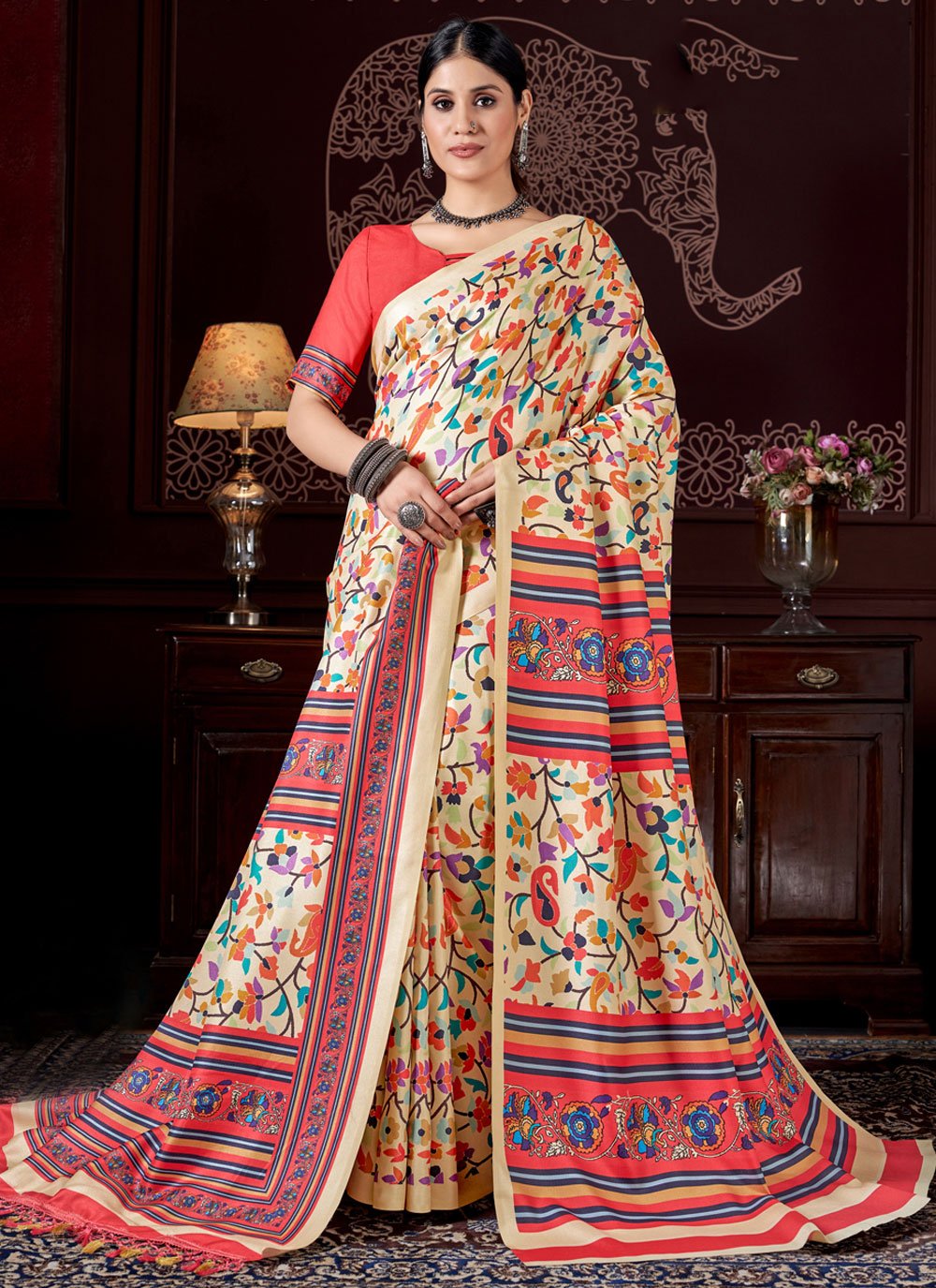 Kashmiri Print Cream Colored Pashmina Silk Saree