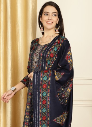 Pashmina Navy Blue Floral Print Designer Salwar Suit
