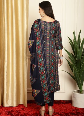 Pashmina Navy Blue Floral Print Designer Salwar Suit
