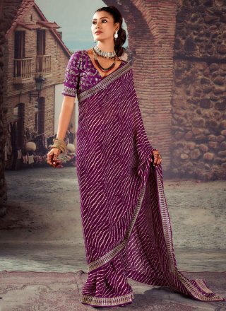 Patch Border and Embroidered Work Georgette Casual Sari In Purple