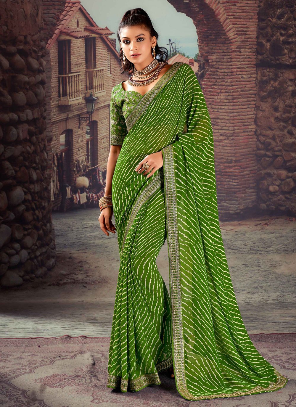 Patch Border and Embroidered Work Georgette Contemporary Saree In Green for Casual