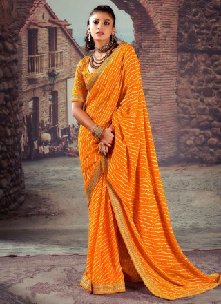 Patch Border and Embroidered Work Georgette Trendy Saree In Orange for Casual
