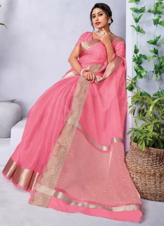 Patch Border and Woven Work Organza Classic Saree In Pink for Casual