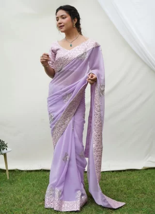 Patch Border, Embroidered and Sequins Work Georgette Classic Saree In Purple