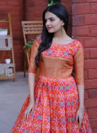 Patola Print Orange Jacquard Silk Trendy Gown