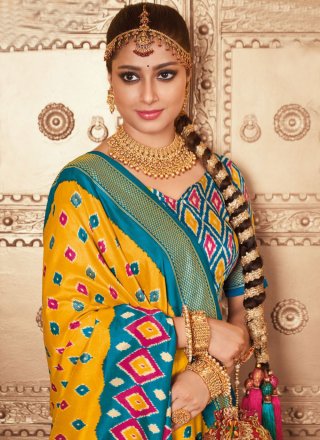 Patola Silk Classic Saree In Blue and Yellow