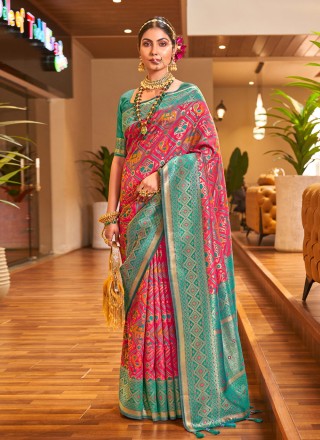 Patola Silk  Designer Traditional Saree in Green and Magenta