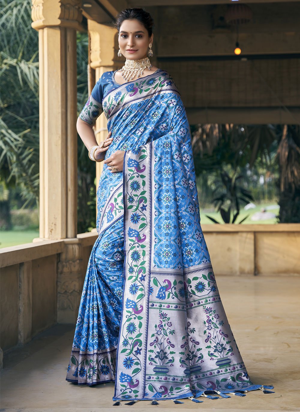 Teal Blue Color Silk Chiffon Heavy Patola Print Work Designer Plus Size  Saree -6341168853