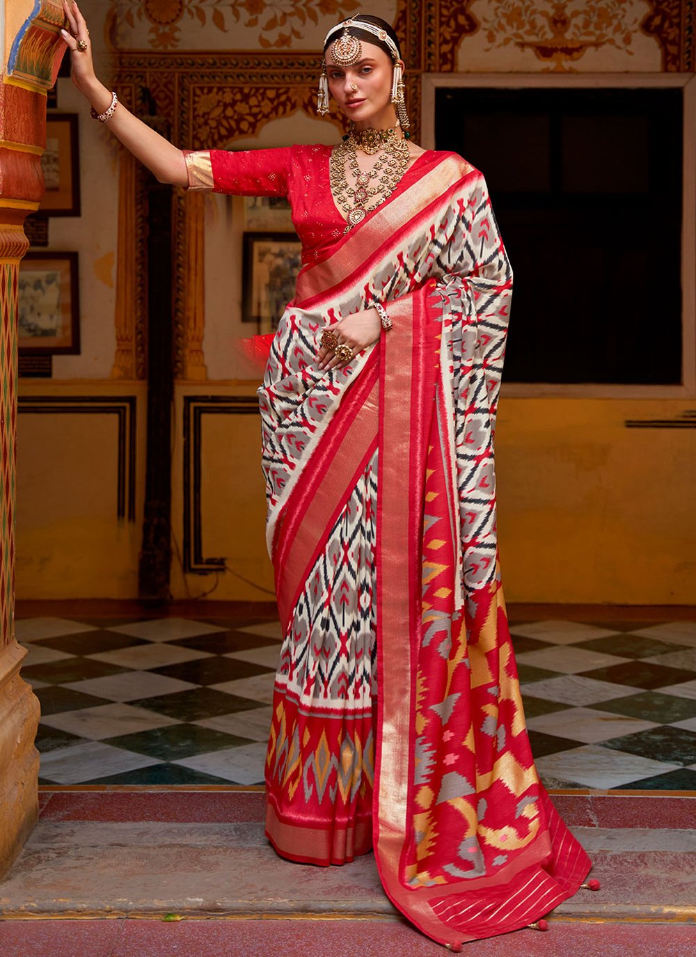 Cyan And Off White Patola Printed Wedding Silk Saree – RawaazFashion