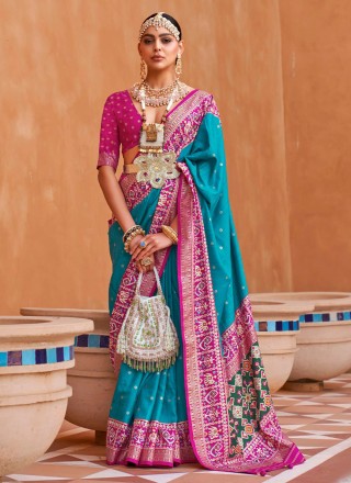 Patola Silk  Turquoise Trendy Saree
