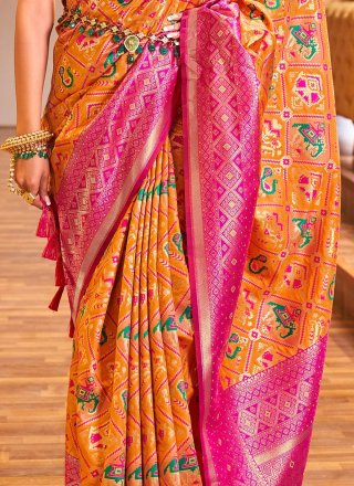 Patola Silk  Weaving Designer Traditional Saree in Mustard and Rani