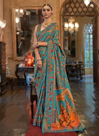 Patola Silk  Weaving Turquoise Classic Saree