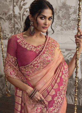 Peach and Rani Fancy Fabric Embroidered Work Designer Saree for Party