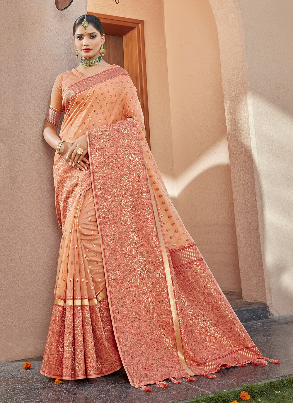 Buy Peach Banarasi Saree With Bandhani Weave And Unstitched Blouse Piece