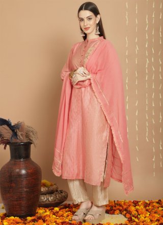 Peach Chanderi Silk Embroidered Work Salwar Suit for Ceremonial