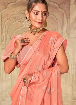 Peach Chiffon Contemporary Saree with Embroidered and Resham Work