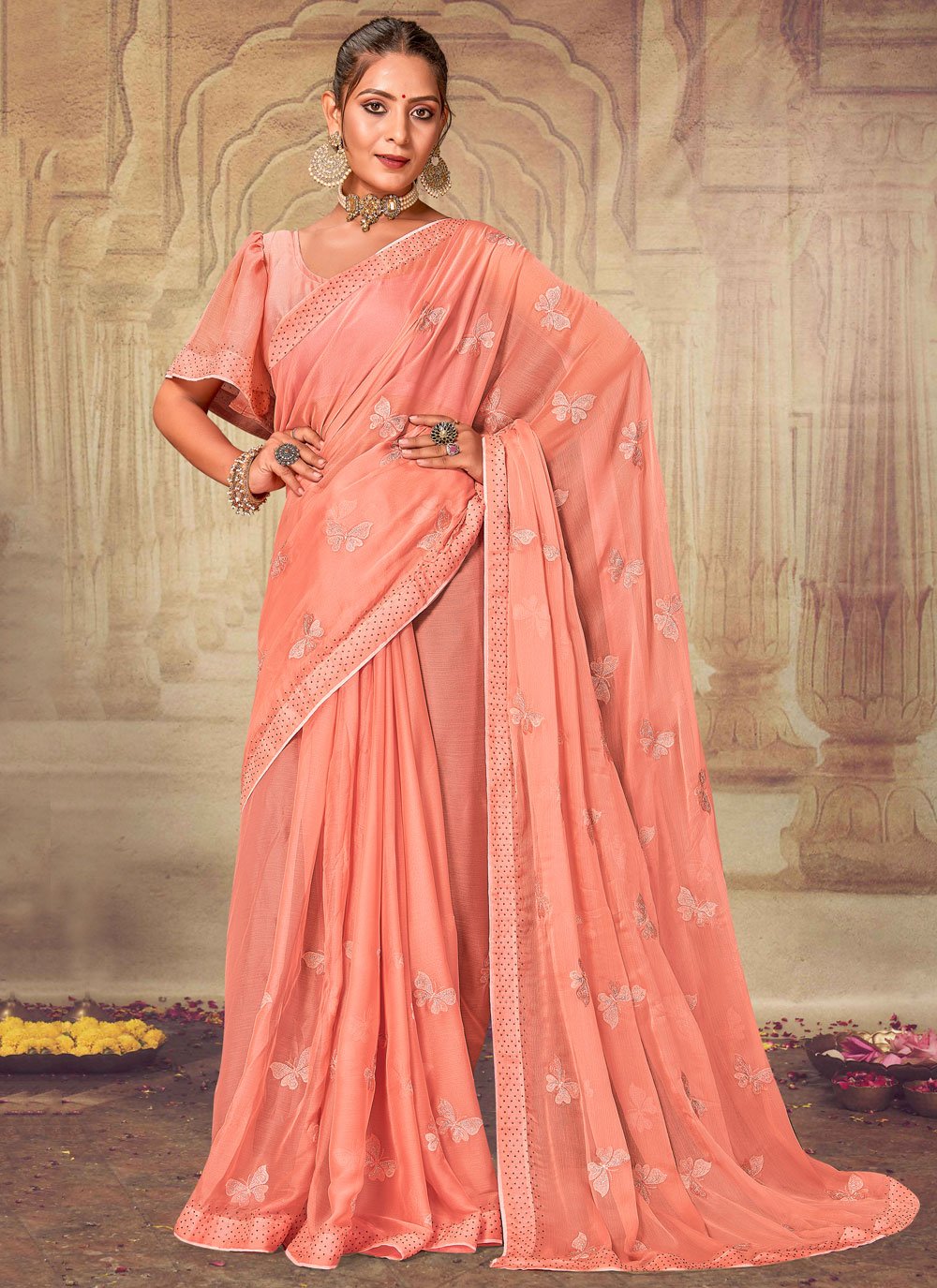 Peach Embroidered Chiffon Saree