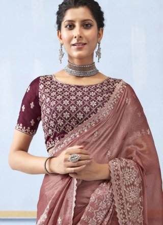 Peach Chiffon Embroidered Work Classic Saree for Ceremonial
