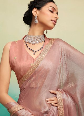 Peach Chiffon Satin Patch Border and Embroidered Work Classic Saree for Women
