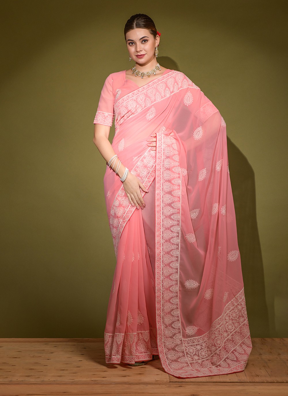 Light Peach Lucknowi Saree With Zardozi Border - Palki Boutique