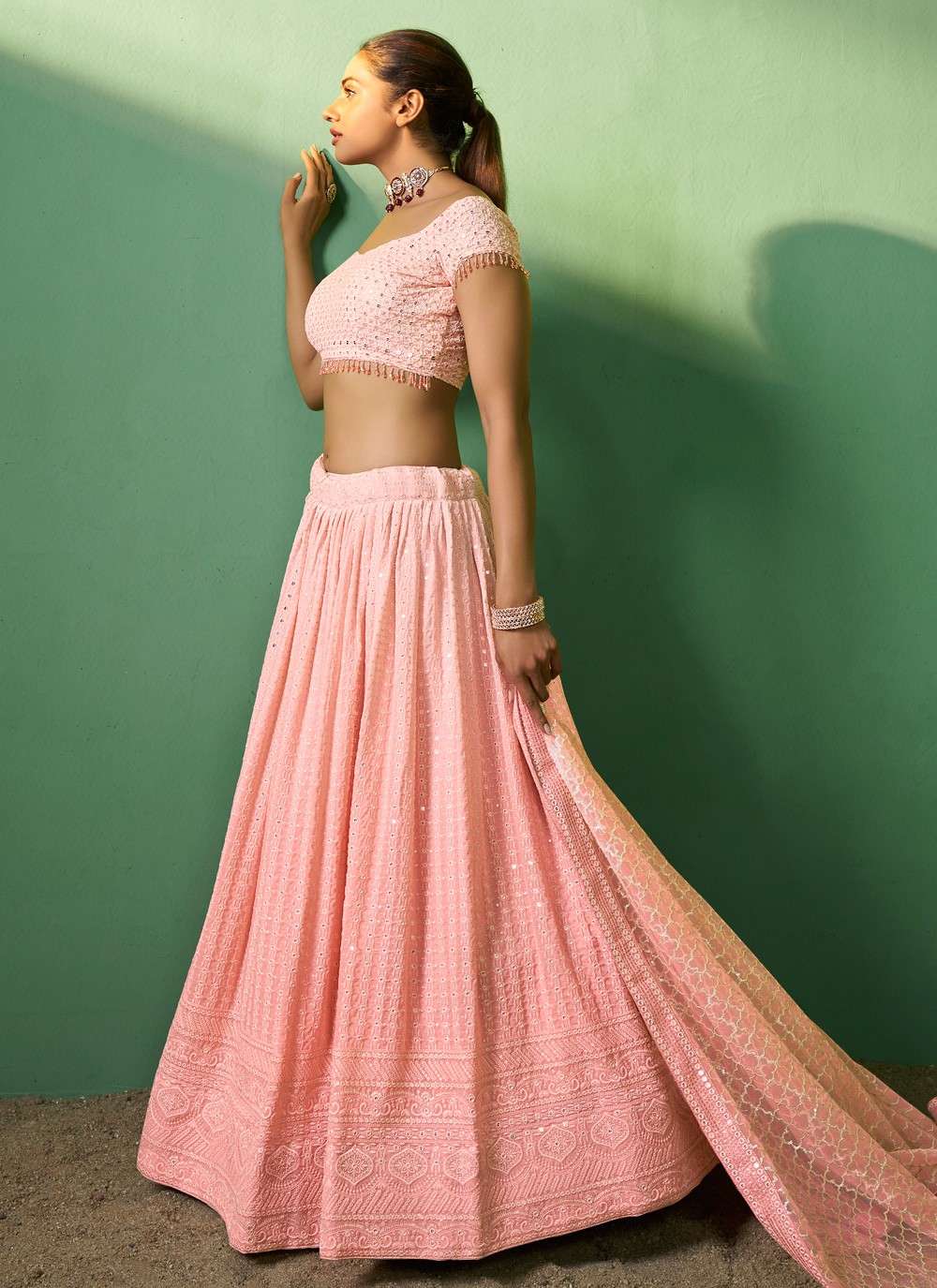 Pink Printed Crop Top, lehenga with Dupatta set | Buy Women Clothing