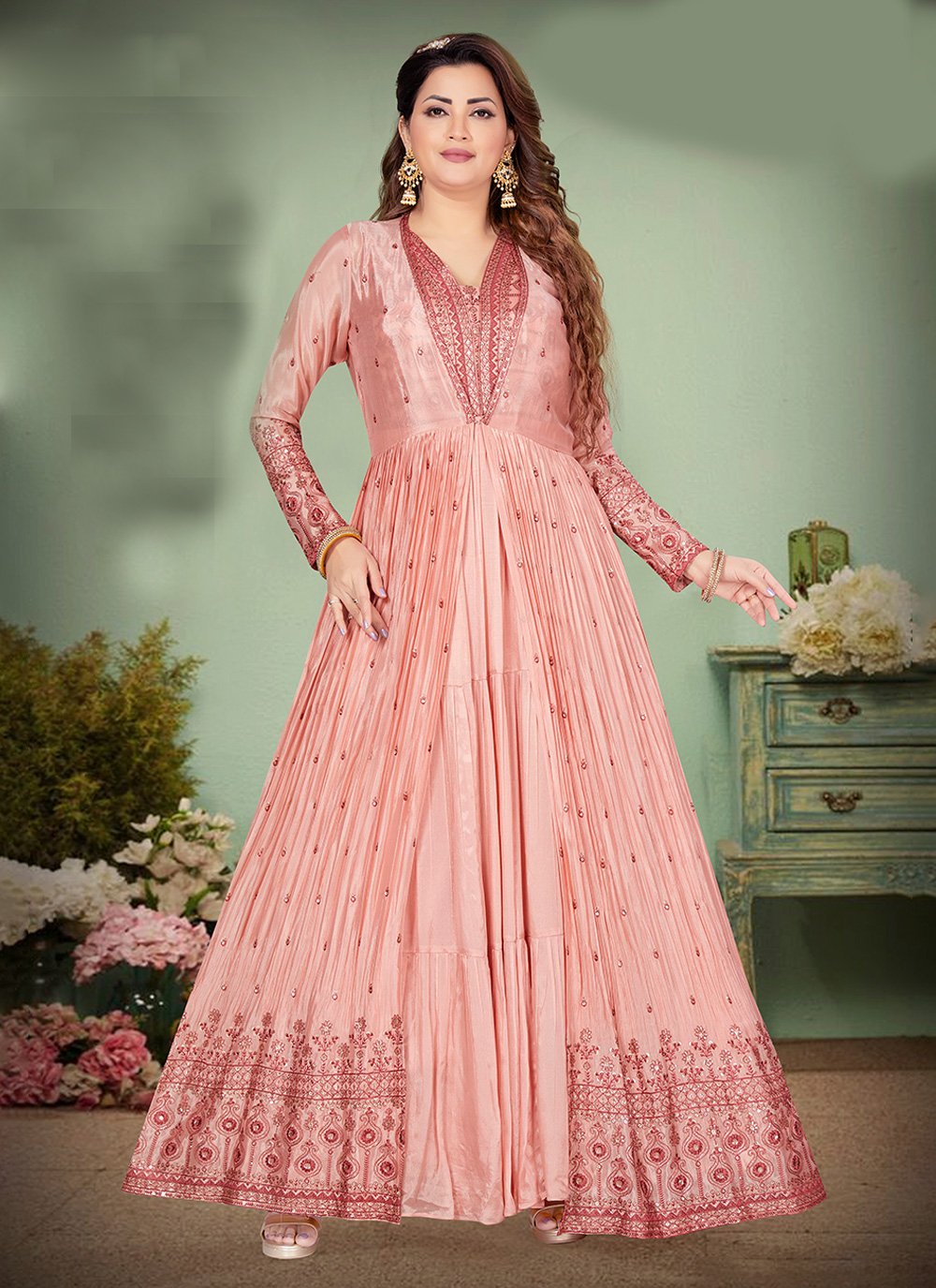Peach Floral Embroidered Net Anarkali Style Gown-mncb.edu.vn