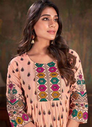 Peach Cotton Casual Kurti with Print Work for Casual