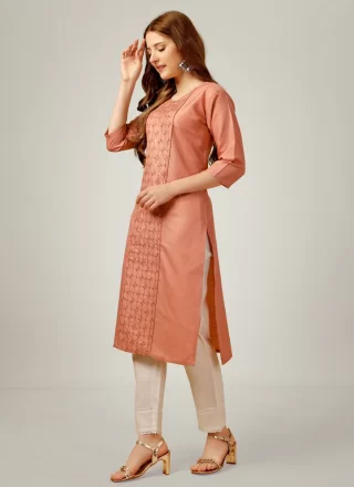 Peach Cotton Embroidered and Sequins Work Party Wear Kurti for Women