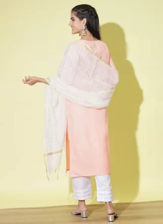 Peach Cotton Embroidered Work Pant Style Suit for Casual