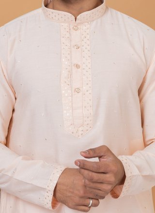 Peach Cotton Kurta Pyjama with Embroidered and Sequins Work for Men