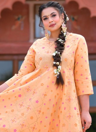 Peach Cotton Printed Readymade Gown