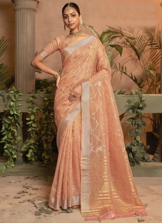 Peach Cotton Silk Embroidered Work Casual Sari for Women
