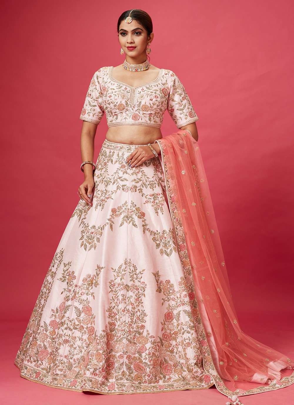 Peach Color South Indian Wedding Half Saree Lehenga Choli With Dupatta in  USA, UK, Malaysia, South Africa, Dubai, Singapore