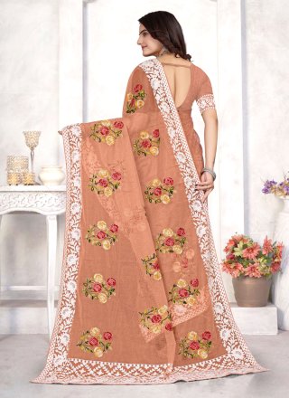 Peach Embroidered and Resham Work Organza Classic Sari