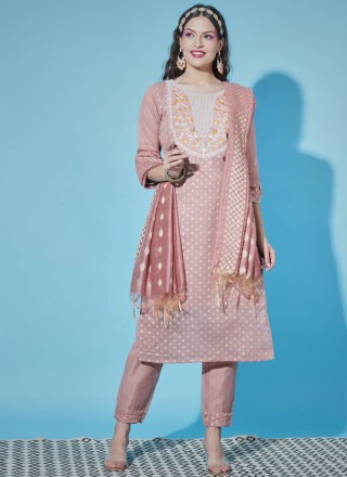 Peach Embroidered Cotton Churidar Designer Suit